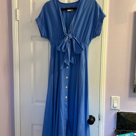 anthropologie blue wedding guest dress Anthropologie HUTCH Fun Blue Fringe Mini Dress Striped Sleeveless Shea –  Periwinkle Packages main image 1